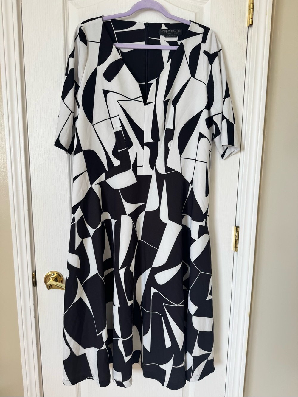 Marina Rinaldi Dalia Abstract Print Midi Dress Black White Made in Italy US 12